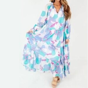 J Marie Mia Rae Long Sleeve‎ Maxi Dress Floral Print Blue Teal Pink   S